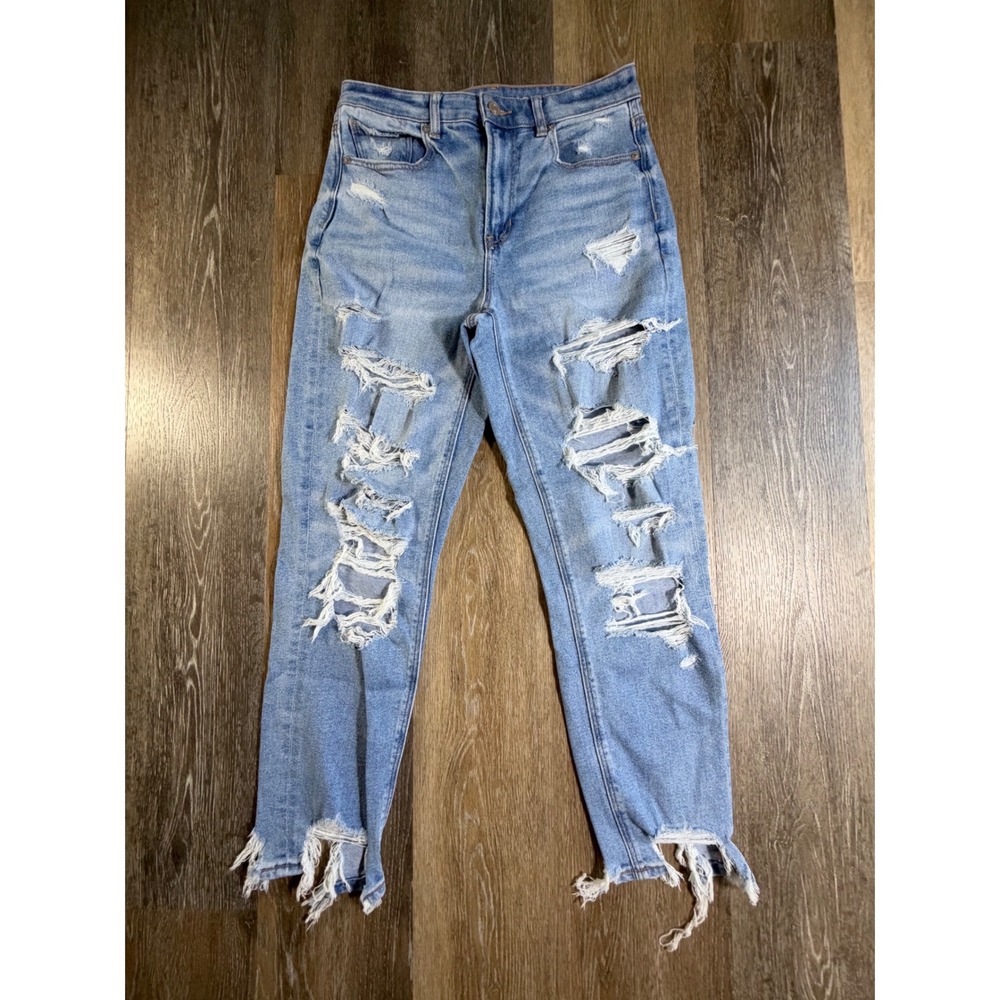 American Eagle Mom Jeans Womens 6 Blue Distressed High Rise Frayed Step Hem